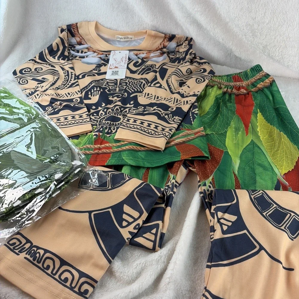 NWT LingQiShiZu Kids Maui Cosplay Costume Disney Moana Tattoo Print 130 6-7yrs